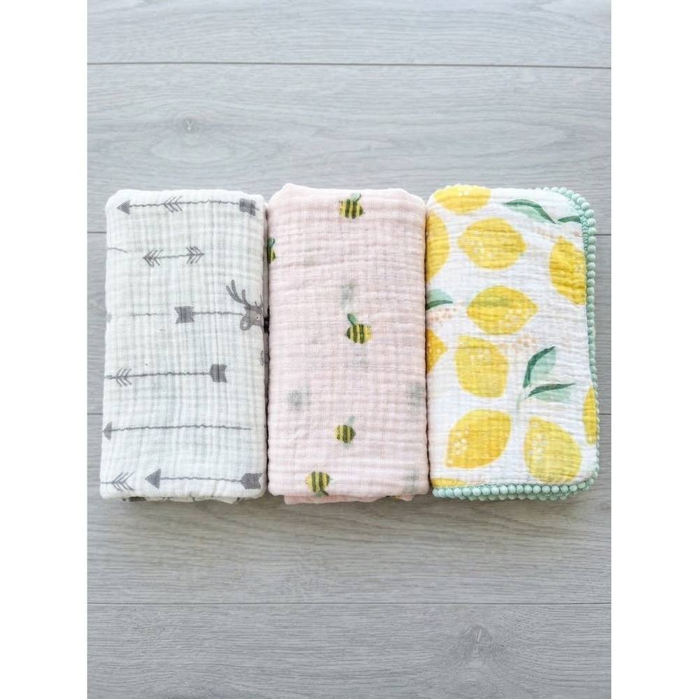 Cloud Island Muslin Swaddle Blankets Set of 3 Lemons Bees Arrows Cotton 47x44